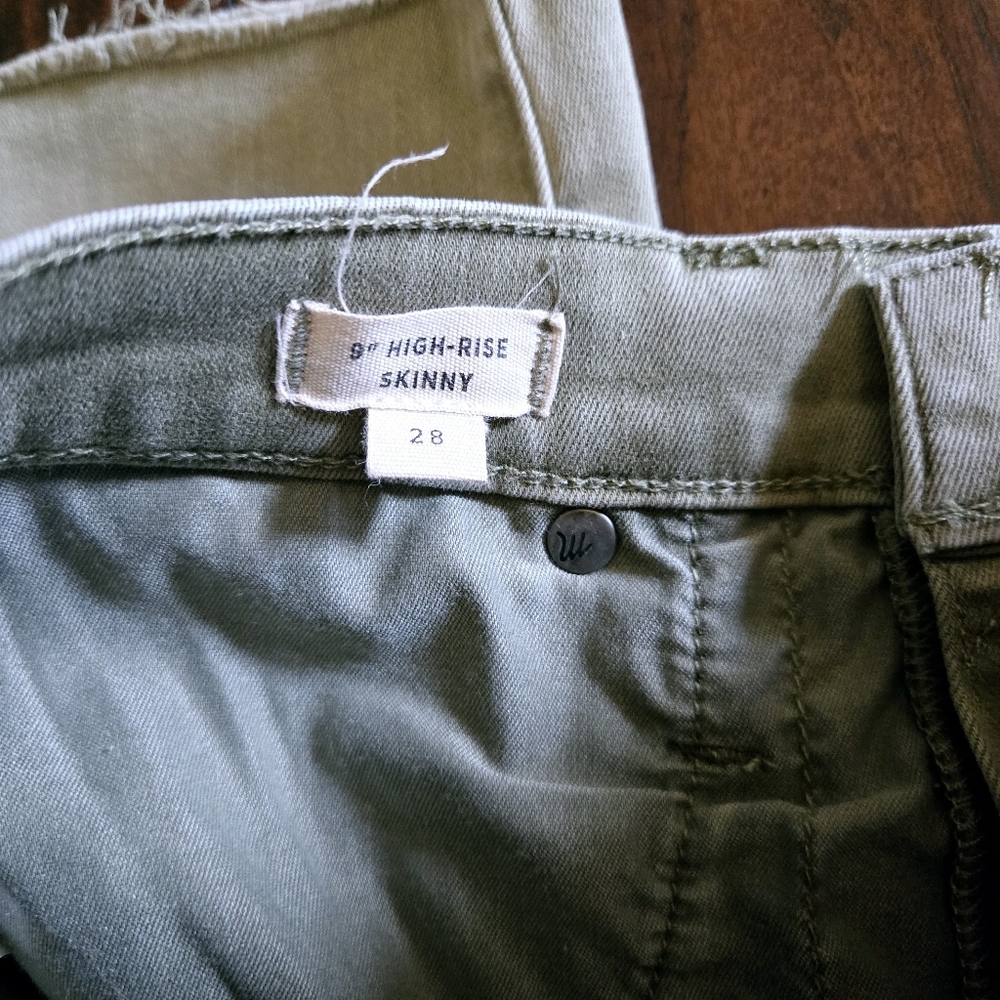 Madewell 9" High Rise Skinny Jeans Women's Olive Green Raw Hem Stretch Size 28 - Picture 10 of 13
